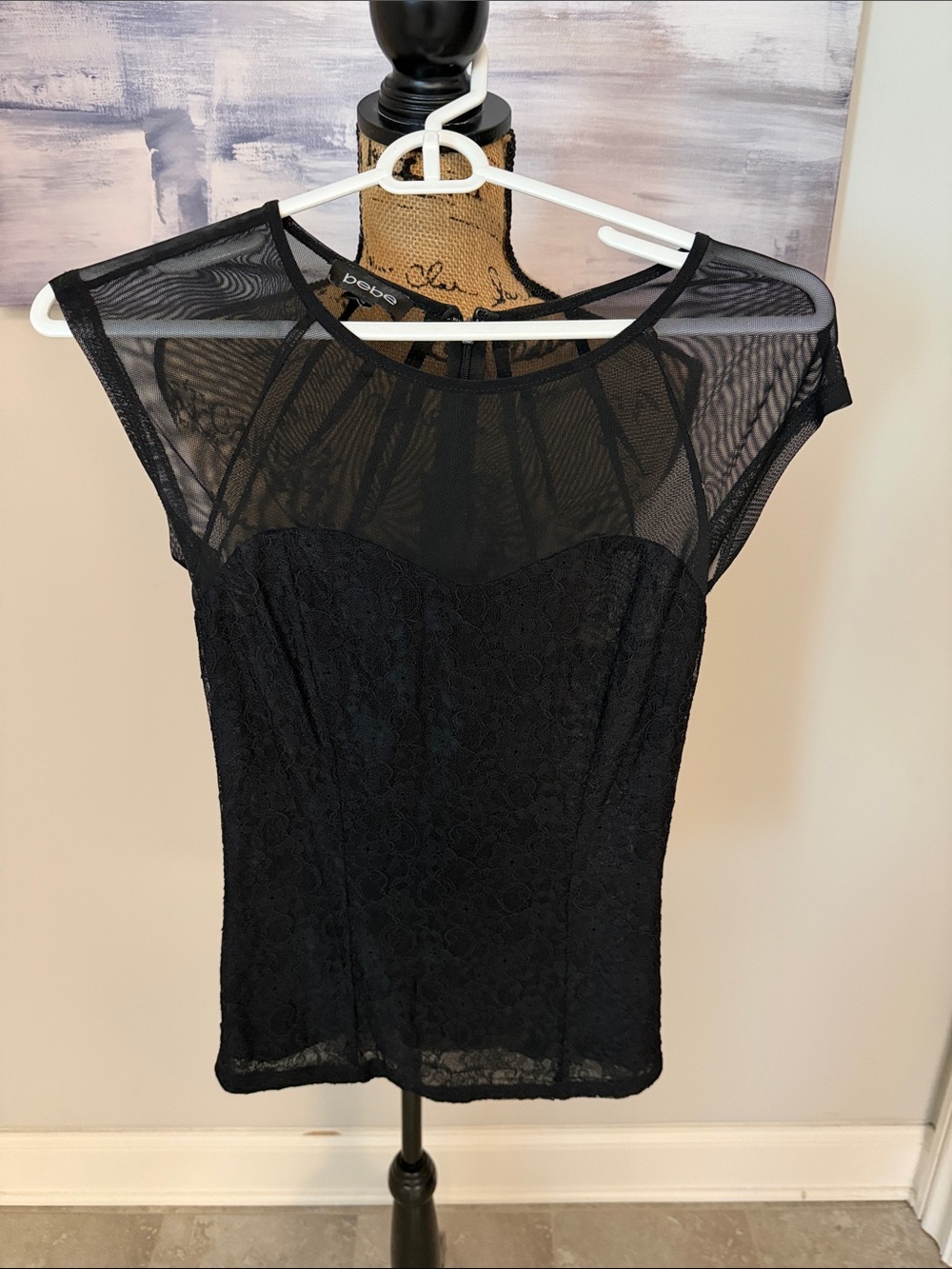 bebe Black Mesh Short Sleeve Top Size Small Like New